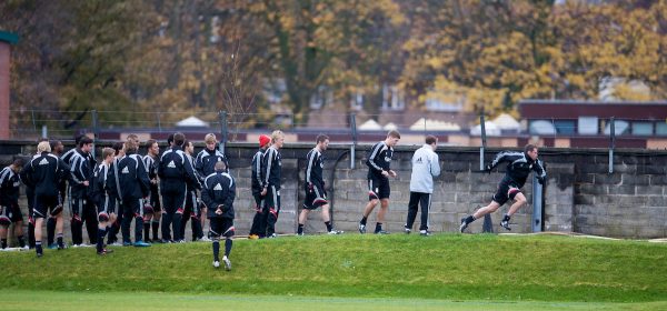 LIVERPOOL, ENGLAND - Friday, November 14, 2008: Liverpool's Jamie Carragher and Steven Gerrard lead their players running up a hill during a training session at the club's Melwood training ground. (Photo by David Rawcliffe/Propaganda)