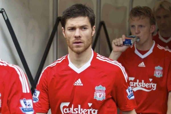 BOLTON, ENGLAND - Saturday, November 15, 2008: Liverpool's Xabi Alonso walks out to face Bolton Wanderers during the Premiership match at the Reebok Stadium. (Photo by David Rawcliffe/Propaganda)