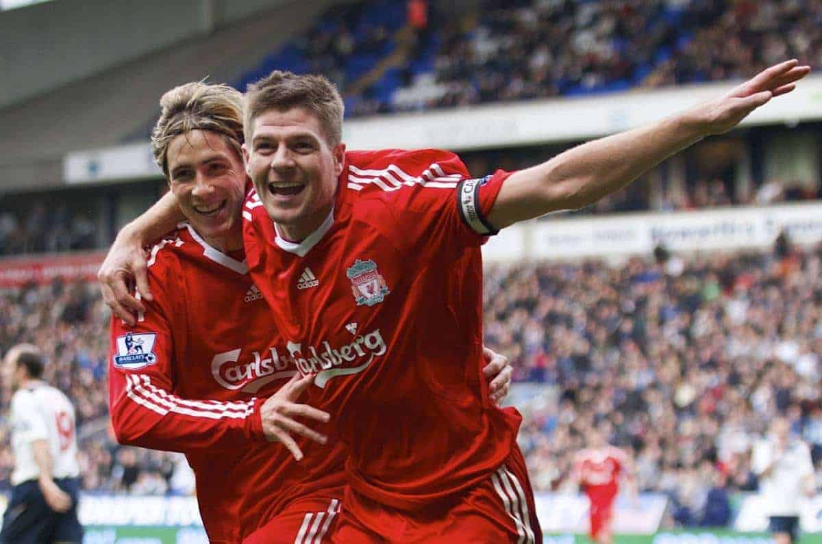 BOLTON, ENGLAND - Saturday, November 15, 2008: Liverpool's goalscorer captain Steven Gerrard MBE celebrates the second goal against Bolton Wanderers with team-mate Fernando Torres during the Premiership match at the Reebok Stadium. (Photo by David Rawcliffe/Propaganda)