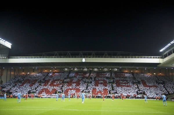LIVERPOOL, ENGLAND - Monday, December 1, 2008: Liverpool's supporters on the Spion Kop show their support for Michael Shields, the Liverpool fan imprisoned in 2005 for a crime he did not commit before the Premiership match against West Ham United at Anfield. (Photo by David Rawcliffe/Propaganda)