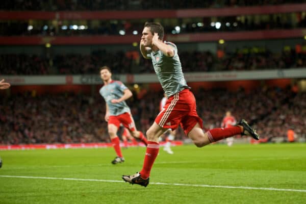 LONDON, ENGLAND - Sunday, December 21, 2008: Liverpool's Robbie Keane celebrates scoring the equalising goal against Arsenal during the Premiership match at the Emirates Stadium. (Photo by David Rawcliffe/Propaganda)