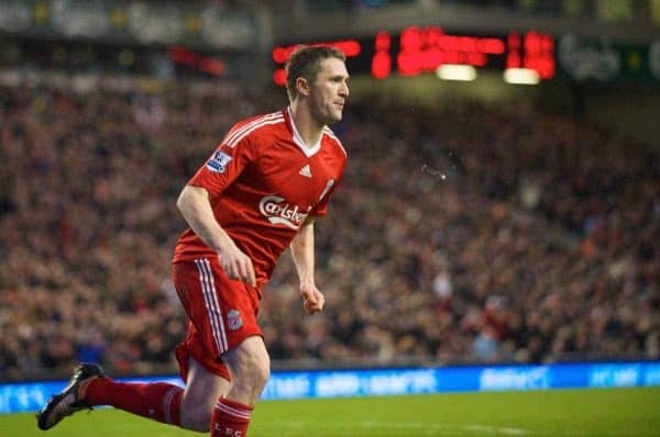 LIVERPOOL, ENGLAND - Friday, December 26, 2008: Liverpool's Robbie Keane celebrates scoring his side's second goal against Bolton Wanderers during the Premiership match at Anfield. (Photo by David Rawcliffe/Propaganda)