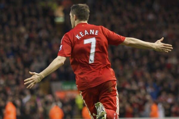 LIVERPOOL, ENGLAND - Friday, December 26, 2008: Liverpool's Robbie Keane celebrates scoring his side's second goal against Bolton Wanderers during the Premiership match at Anfield. (Photo by David Rawcliffe/Propaganda)