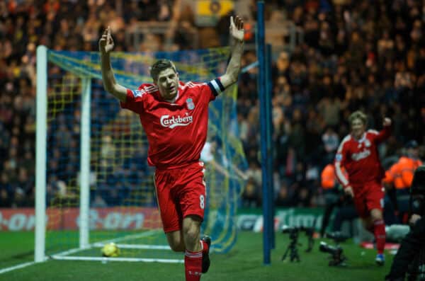 PRESTON, ENGLAND - Saturday, January 3, 2009: Liverpool's captain Steven Gerrard MBE celebrates team-mate Fernando Torres' late goal against Preston North End during the FA Cup 3rd Round match at Deepdale. (Photo by David Rawcliffe/Propaganda)