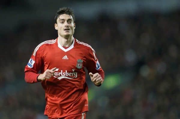 LIVERPOOL, ENGLAND - Monday, January 19, 2009: Liverpool's Albert Riera in action against Everton during the Premiership match at Anfield. (Photo by David Rawcliffe/Propaganda)