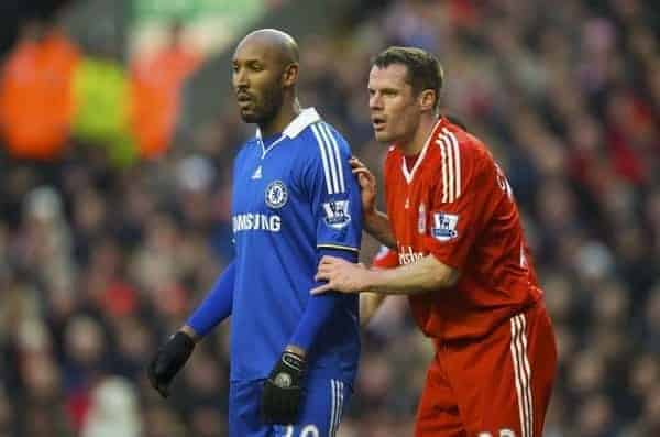 LIVERPOOL, ENGLAND - Sunday, February 1, 2009: Liverpool's Jamie Carragher and Chelsea's Nicolas Anelka during the Premiership match at Anfield. (Mandatory credit: David Rawcliffe/Propaganda)