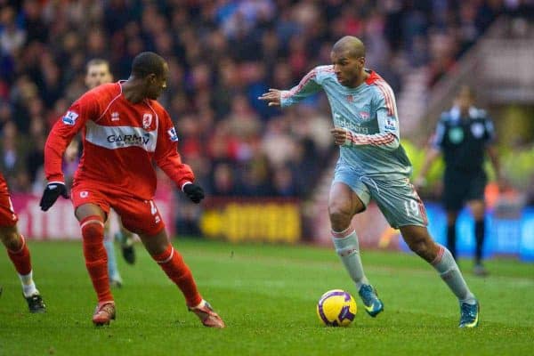 MIDDLESBROUGH, ENGLAND - Saturday, February 28, 2009: Liverpool's Ryan Babel in action against Middlesbrough during the Premiership match at the Riverside Stadium. (Photo by David Rawcliffe/Propaganda)