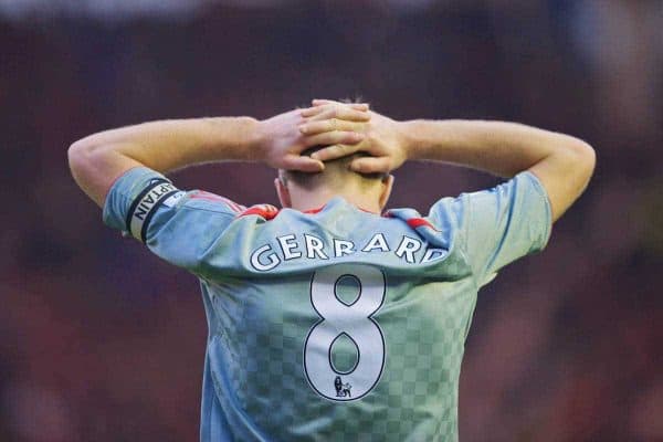 MIDDLESBROUGH, ENGLAND - Saturday, February 28, 2009: Liverpool's captain Steven Gerrard MBE looks dejected after Middlesbrough second goal during the Premiership match at the Riverside Stadium. (Photo by David Rawcliffe/Propaganda)