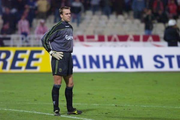 ATHENS, GREECE - Thursday, November 23, 2000: Liverpool's goalkeeper Sander Westerveld looks dejected after conceding an injury time equaliser to Olympiacos during the UEFA Cup 3rd Round 1st Leg match at the Olympic Stadium. (Pic by David Rawcliffe/Propaganda)