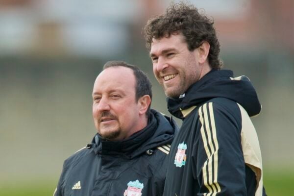 LIVERPOOL, ENGLAND - Monday, March 9, 2009: Liverpool's manager Rafael Benitez and goalkeeping coach Xavi Valero training at Melwood ahead of the UEFA Champions League First Knockout Round 2nd Leg match against Real Madrid. (Photo by David Rawcliffe/Propaganda)
