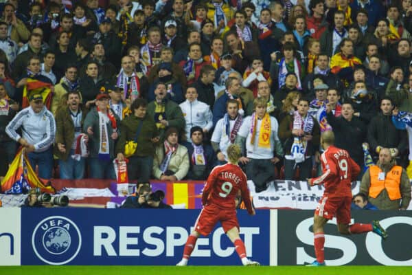 LIVERPOOL, ENGLAND - Tuesday, March 10, 2009: Liverpool's Fernando Torres celebrates scoring the opening goal against Real Madrid during the UEFA Champions League First Knockout Round 2nd Leg match at Anfield. (Photo by David Rawcliffe/Propaganda)