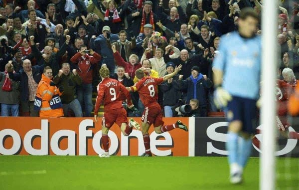 LIVERPOOL, ENGLAND - Tuesday, March 10, 2009: Liverpool's captain Steven Gerrard MBE celebrates scoring the third goal, his second, against Real Madrid during the UEFA Champions League First Knockout Round 2nd Leg match at Anfield. (Photo by David Rawcliffe/Propaganda)