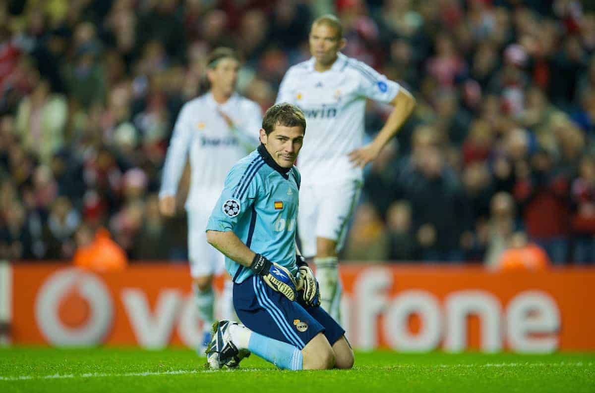 LIVERPOOL, ENGLAND - Tuesday, March 10, 2009: Real Madrid's goalkeepr Iker Casillas looks dejected during his side's 4-0 defeat by Liverpool during the UEFA Champions League First Knockout Round 2nd Leg match at Anfield. (Photo by David Rawcliffe/Propaganda)