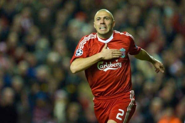 LIVERPOOL, ENGLAND - Tuesday, March 10, 2009: Liverpool's Andrea Dossena celebrates scoring his first, Liverpool's fourth goal, against Real Madrid during the UEFA Champions League First Knockout Round 2nd Leg match at Anfield. (Photo by David Rawcliffe/Propaganda)