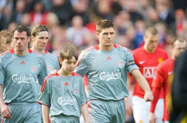 MANCHESTER, ENGLAND - Saturday, March 14, 2009: Liverpool's Jamie Carragher and Jamie Carragher walk out to face Manchester United before the Premiership match at Old Trafford. (Photo by David Rawcliffe/Propaganda)