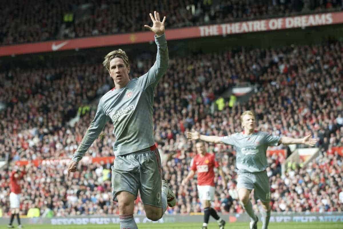 MANCHESTER, ENGLAND - Saturday, March 14, 2009: We've won it five times... Liverpool's Fernando Torres reminds fans of his club's European pedigree as he celebrates scoring the equalising goal against Manchester United during the Premiership match at Old Trafford. (Photo by David Rawcliffe/Propaganda)