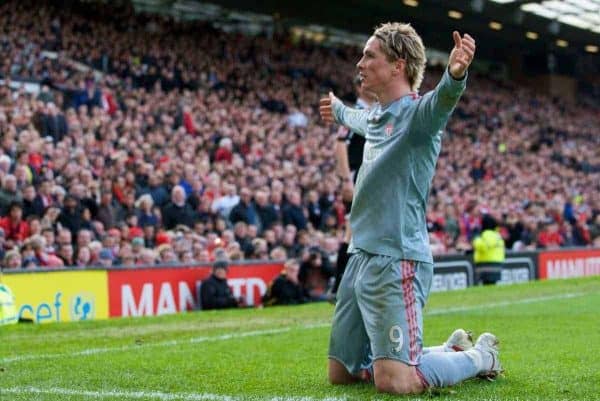 MANCHESTER, ENGLAND - Saturday, March 14, 2009: Liverpool's Fernando Torres celebrates scoring the equalising goal against Manchester United during the Premiership match at Old Trafford. (Photo by David Rawcliffe/Propaganda)