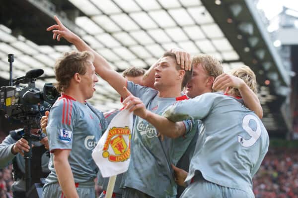 MANCHESTER, ENGLAND - Saturday, March 14, 2009: Liverpool's magnificent captain Steven Gerrard MBE celebrates scoring his side's second goal, from the penalty spot, to put his side 2-1 up against Manchester United during the Premiership match at Old Trafford. Also Lucas Leiva, Dirk Kuyt. (Photo by David Rawcliffe/Propaganda)