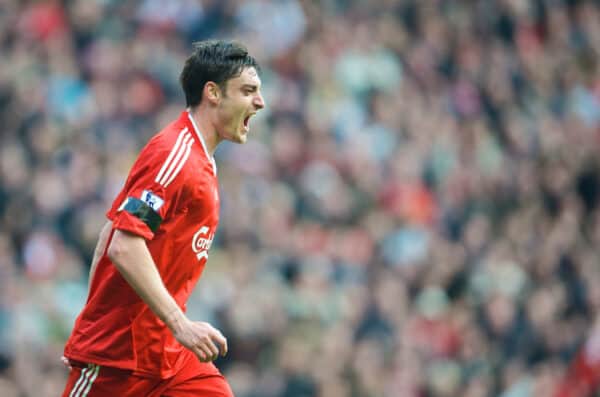 LIVERPOOL, ENGLAND - Sunday, March 22, 2009: Liverpool's Albert Riera celebrates scoring his side's second goal against Aston Villa during the Premiership match at Anfield. (Photo by David Rawcliffe/Propaganda)