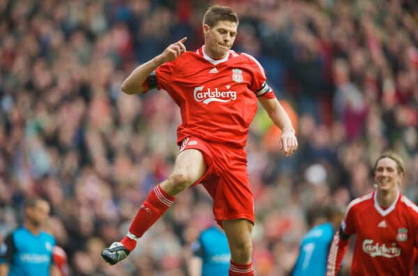 LIVERPOOL, ENGLAND - Sunday, March 22, 2009: Liverpool's captain Steven Gerrard MBE celebrates scoring his side's third goal against Aston Villa from the penalty spot during the Premiership match at Anfield. (Photo by David Rawcliffe/Propaganda)