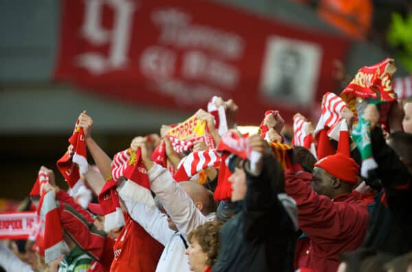 LIVERPOOL, ENGLAND - Sunday, March 22, 2009: Liverpool supporters sing 'You'll Never Walk Alone' as the Reds thrash Aston Villa 5-0 during the Premiership match at Anfield. (Photo by David Rawcliffe/Propaganda)