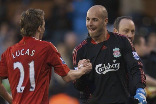 LONDON, ENGLAND - Saturday, April 4, 2009: Liverpool's goalkeeper Pepe Reina celebrates with Lucas Leiva after his side's 1-0 victory over Fulham during the Premiership match at Craven Cottage. (Pic by David Rawcliffe/Propaganda)