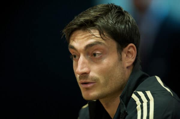 LIVERPOOL, ENGLAND - Tuesday, April 7, 2009: Liverpool's Albert Riera during a press conference at Anfield ahead of the UEFA Champions League First Quarter Final 1st Leg against Chelsea. (Photo by David Rawcliffe/Propaganda)