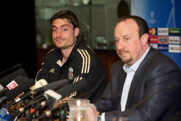 LIVERPOOL, ENGLAND - Tuesday, April 7, 2009: Liverpool's manager Rafael Benitez and Albert Riera during a press conference at Anfield ahead of the UEFA Champions League First Quarter Final 1st Leg against Chelsea. (Photo by David Rawcliffe/Propaganda)