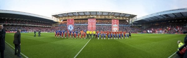 LIVERPOOL, ENGLAND - Wednesday, April 8, 2009: Liverpool and Chelsea players line-up before the UEFA Champions League Quarter-Final 1st Leg match at Anfield. (Photo by David Rawcliffe/Propaganda)