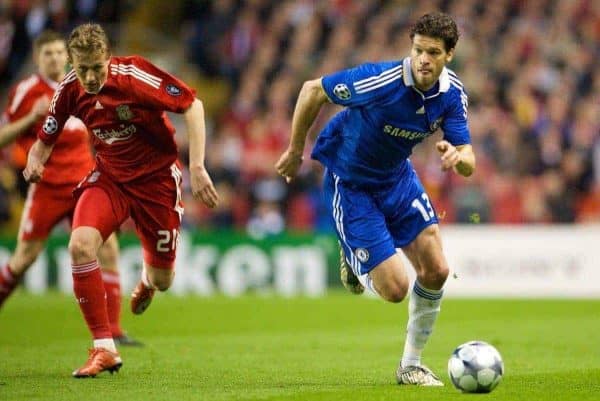 LIVERPOOL, ENGLAND - Wednesday, April 8, 2009: Chelsea's Michael Ballack in action against Liverpool during the UEFA Champions League Quarter-Final 1st Leg match at Anfield. (Photo by David Rawcliffe/Propaganda)