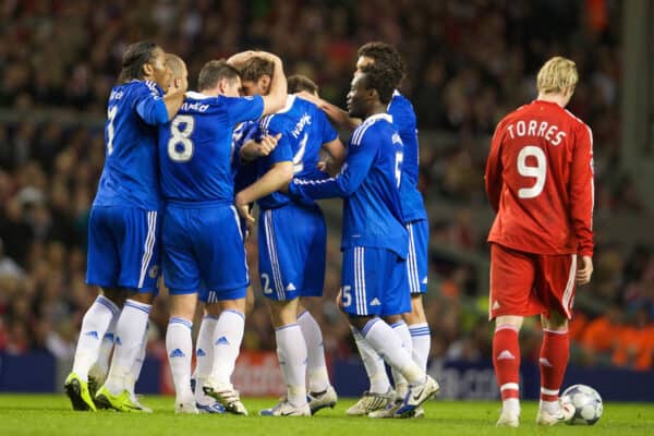 LIVERPOOL, ENGLAND - Wednesday, April 8, 2009: Chelsea's players celebrate Branislav Ivanovic's equalising goal against Liverpool during the UEFA Champions League Quarter-Final 1st Leg match at Anfield. (Photo by David Rawcliffe/Propaganda)