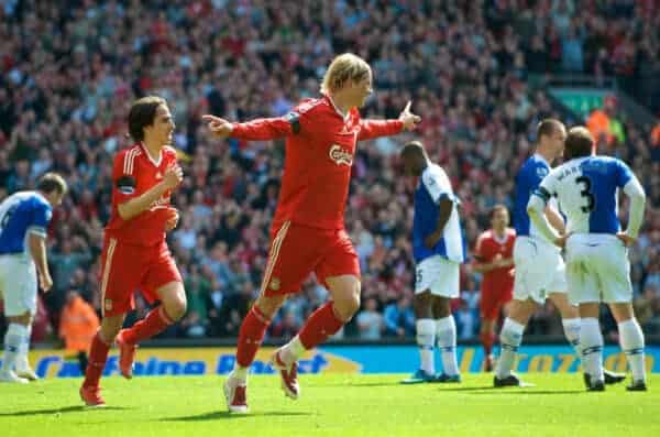 LIVERPOOL, ENGLAND - Saturday, April 11, 2009: Liverpool's Fernando Torres celebrates scoring his and his side's second goal against Blackburn Rovers during the Premiership match at Anfield. (Photo by: David Rawcliffe/Propaganda)