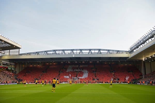 LIVERPOOL, ENGLAND - Tuesday, April 21, 2009: Liverpool's supporters on the Spion Kop display a mosaic showing Ray Kennedy's white Liverpool number 5, and the Arsenal supporters in the Lower Anfield Road end display his blue Arsenal number 10 to raise awareness of Liverpool fan Karl Coppack's Ray of Hope appeal, which has collected over £40,000 for Kennedy, who suffers from Parkinson's disease; before the Premiership match at Anfield. (Photo by David Rawcliffe/Propaganda)