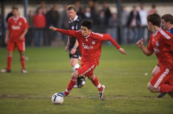 LIVERPOOL, ENGLAND - Monday, April 27, 2009: Liverpool's Gerardo Alfredo Bruna Blanco in action against Waterloo Dock during the Liverpool Senior Cup Final at the Arriva Stadium. (Photo by David Rawcliffe/Propaganda)