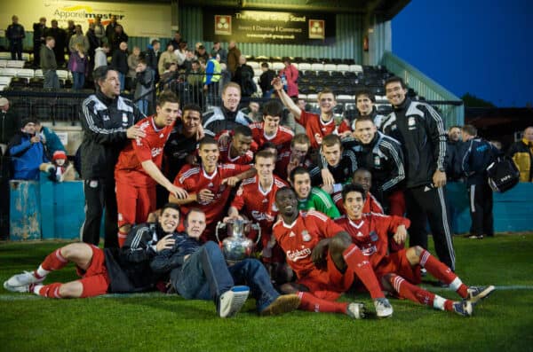 LIVERPOOL, ENGLAND - Monday, April 27, 2009: Liverpool's players celebrate winning the Liverpool Senior Cup after their 1-0 victory over Waterloo Dock during the Liverpool Senior Cup Final at the Arriva Stadium. Manager Gary Ablett, Krisztian Nemeth, Daniel Pacheco, Vitor Flora, Jay Spearing, Victor Palsson, Damien Plessis, captain Stephen Darby, Mikel San Jose Dominguez, Godwin Antwi, goalkeeper Dean Bouzanis, Steven Irwin, Vincent Weijl, Martin Hansen, Gerardo Bruna, Emmanuel Gomis Mendy, Andras Simon, fitness coaches Gerard Nus and Gonzalo Rodriguez. (Photo by David Rawcliffe/Propaganda)