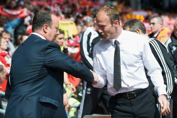 LIVERPOOL, ENGLAND - Sunday, May 3, 2009: Liverpool's manager Rafael Benitez and Newcastle United's manager Alan Shearer during the Premiership match at Anfield. (Photo by David Rawcliffe/Propaganda)