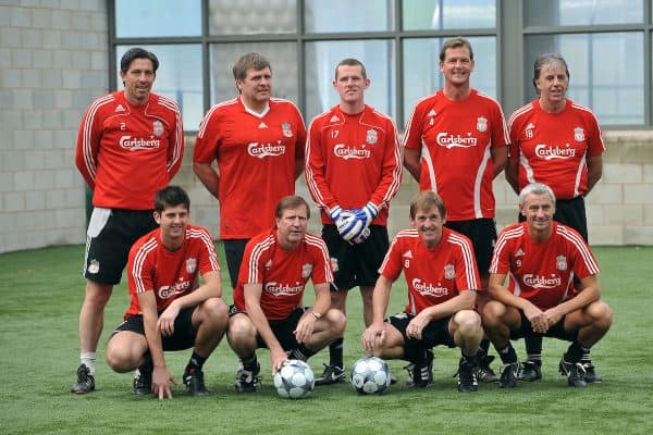 LIVERPOOL, ENGLAND - Tuesday, May 12, 2009: Ex-Liverpool players during a training session at Melwood as the players prepare for the Hillsborough Memorial Game in aid of the Marina Dalglish Appeal which will be staged at Anfield on May 14. Back row L-R: Gary Ablett, Jan Molby, Paul Harrison, Gary Gillespie, Mark Lawrenson. Front row L-R: Jean-Paul Sproson, Ronnie Whelan, Kenny Dalglish, Ian Rush. (Photo by Dave Kendall/Propaganda)
