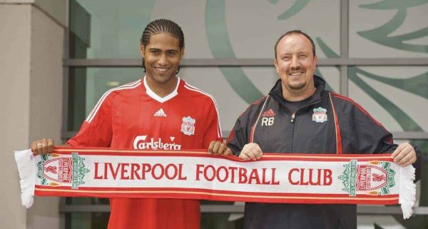 LIVERPOOL, ENGLAND - Thursday, July 9, 2009: Liverpool's new signing Glen Johnson with manager Rafael Benitez during a photo-call at Melwood following his transfer from Portsmouth. (Photo by David Rawcliffe/Propaganda)