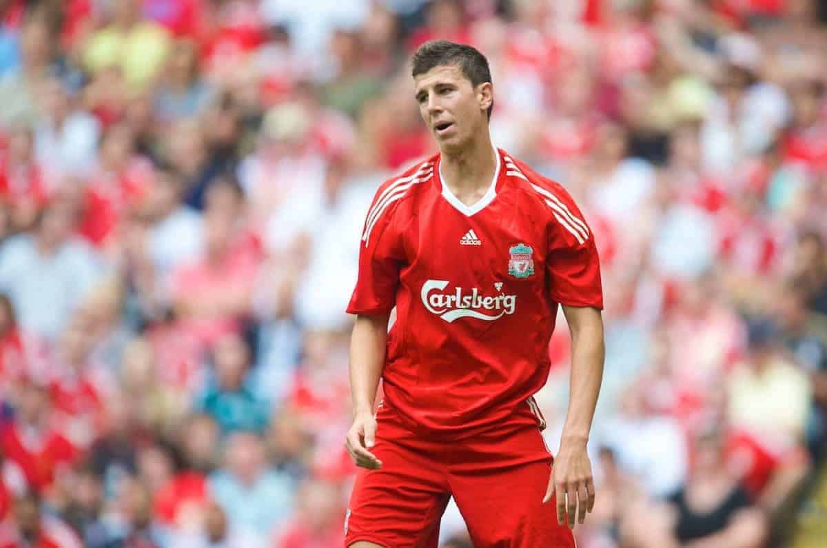 LIVERPOOL, ENGLAND - Saturday, August 8, 2009: Liverpool's Daniel Sanchez Ayala looks dejected as Club Atletico de Madrid score the opening goal during the pre-season friendly match at Anfield. (Pic by: David Rawcliffe/Propaganda)