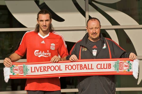 LIVERPOOL, ENGLAND - Saturday, August 22, 2009: Liverpool's new signing Sotirios Kyrgiakos and manager Rafael Benitez during a photo-call at the club's Melwood Training Ground. The 30-year-old defender was signed on a two-year deal from Greek club AEK Athens. (Photo by David Rawcliffe/Propaganda)