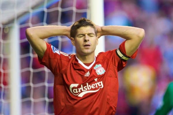 LIVERPOOL, ENGLAND - Monday, August 24, 2009: Liverpool's captain Steven Gerrard MBE looks dejected after a missed opportunity against Aston Villa during the Premiership match at Anfield. (Photo by David Rawcliffe/Propaganda)