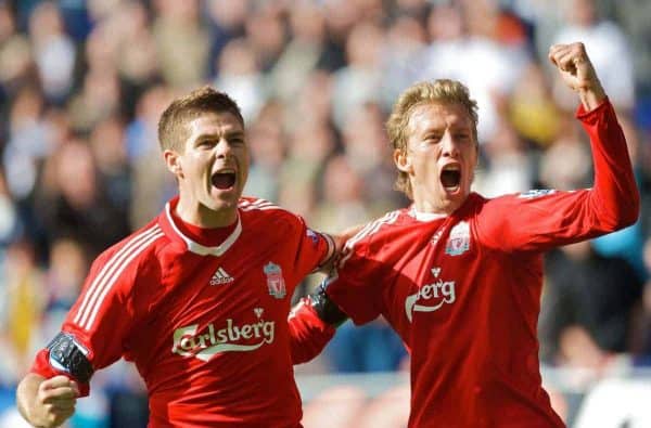 BOLTON, ENGLAND - Saturday, August 29, 2009: Liverpool's captain Steven Gerrard MBE celebrates scoring his side's winning third goal against Bolton Wanderers with team mate Lucas Leiva during the Premiership match at the Reebok Stadium. (Photo by David Rawcliffe/Propaganda)