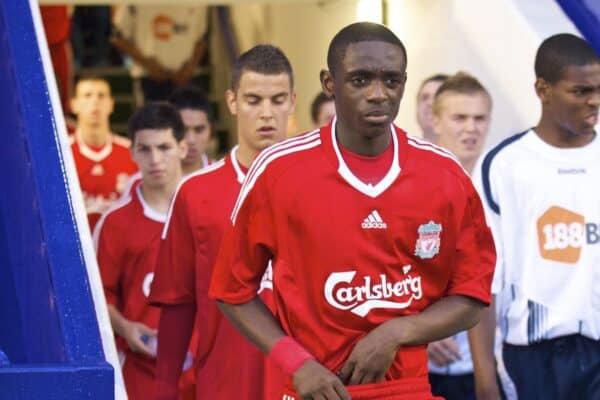 BIRKENHEAD, ENGLAND - Wednesday, September 2, 2009: Liverpool's Chris Mavinga walks out to make his first appearance for the Reds during the FA Premiership Reserves League (Northern Division) match against Bolton Wanderers at Prenton Park. (Photo by David Rawcliffe/Propaganda)