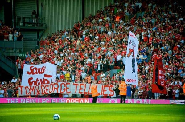 LIVERPOOL, ENGLAND - Saturday, September 12, 2009: Liverpool supporters on the Spion Kop hold up a banner reading "Tom & George Tell Lies| as they protest against the club's American owners George Gillett and Tom Hicks during the Premiership match at Anfield. (Photo by David Rawcliffe/Propaganda)