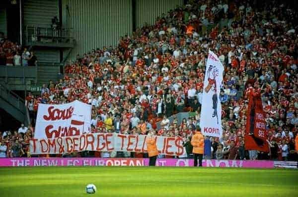 LIVERPOOL, ENGLAND - Saturday, September 12, 2009: Liverpool supporters on the Spion Kop hold up a banner reading "Tom & George Tell Lies| as they protest against the club's American owners George Gillett and Tom Hicks during the Premiership match at Anfield. (Photo by David Rawcliffe/Propaganda)