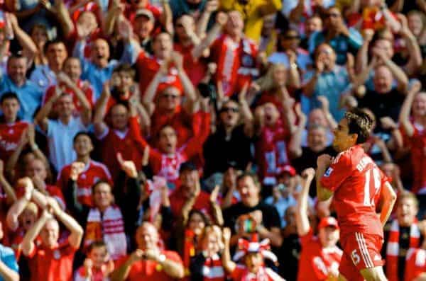 LIVERPOOL, ENGLAND - Saturday, September 12, 2009: Liverpool's Yossi Benayoun celebrates scoring his side's first goal against Burnley during the Premiership match at Anfield. (Photo by David Rawcliffe/Propaganda)