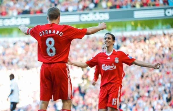 LIVERPOOL, ENGLAND - Saturday, September 12, 2009: Liverpool's Yossi Benayoun celebrates scoring the third goal against Burnley, with captain Steven Gerrard MBE during the Premiership match at Anfield. (Photo by David Rawcliffe/Propaganda)