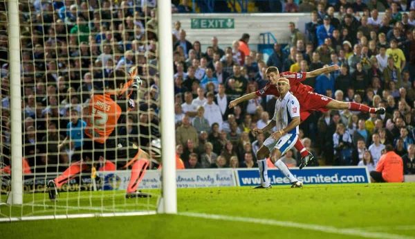 LEEDS, ENGLAND - Tuesday, September 22, 2009: Liverpool's captain Steven Gerrard MBE sees his shot saved by Leeds United's goalkeeper Shane Higgs during the League Cup 3rd Round match at Elland Road. (Photo by David Rawcliffe/Propaganda)