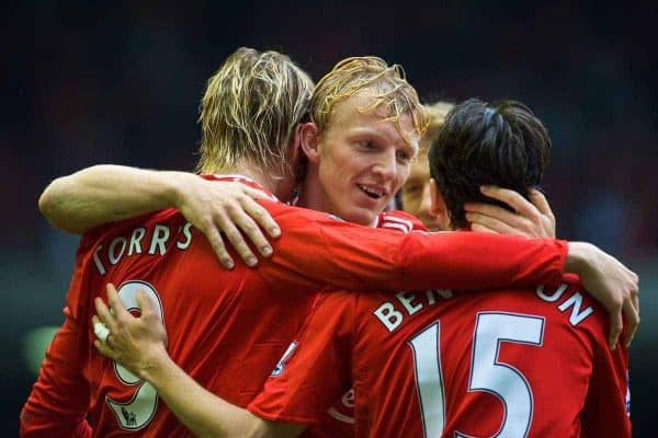LIVERPOOL, ENGLAND - Saturday, September 26, 2009: Liverpool's Fernando Torres celebrates completing his hat-trick, scoring his side's third goal, against Hull City with team-mates Dirk Kuyt and Yossi Benayoun during the Premiership match at Anfield. (Photo by: David Rawcliffe/Propaganda)