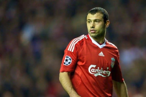 LIVERPOOL, ENGLAND - Tuesday, October 20, 2009: Liverpool's Javier Mascherano in action against Olympique Lyonnais during the UEFA Champions League Group E match at Anfield. (Pic by David Rawcliffe/Propaganda)